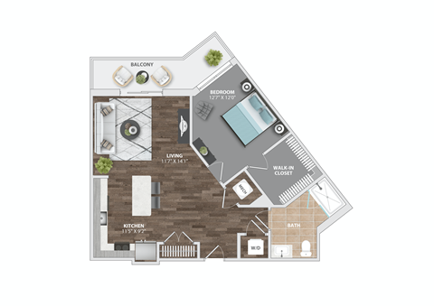 Floor plan for 1 bed, 1 bath, 804 sqft